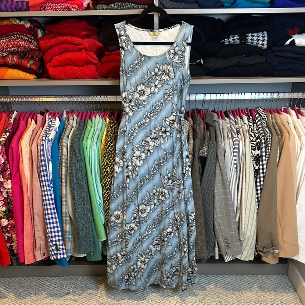 Teddi blue/black/white floral sleeveless double tie back maxi dress size S